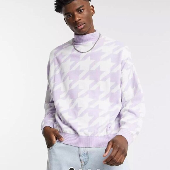 ASOS Jumper Purple Dogtooth High Neck Knit Lilac oversize sz Medium - Picture 1 of 10